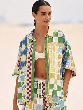 Celandine Linen Button Down Shirt Top Short-Sleeve Women's Size XL Multicolor